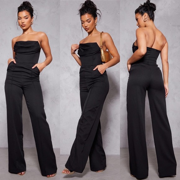PrettyLittleThing Black Bandeau Cowl Neck Pocket Detail Jumpsuit - Picture 1 of 11
